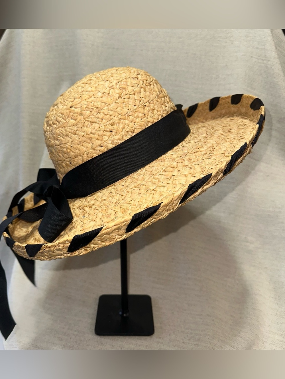 Seala Firenze Italy Sun Hat - Raffia Straw w Black Grosgrain Ribbon & Bow